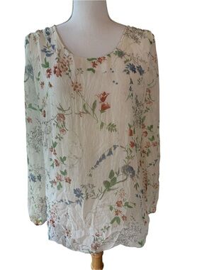 Elena Baldi White Silk Made in Italy Floral Blouse.  Size L